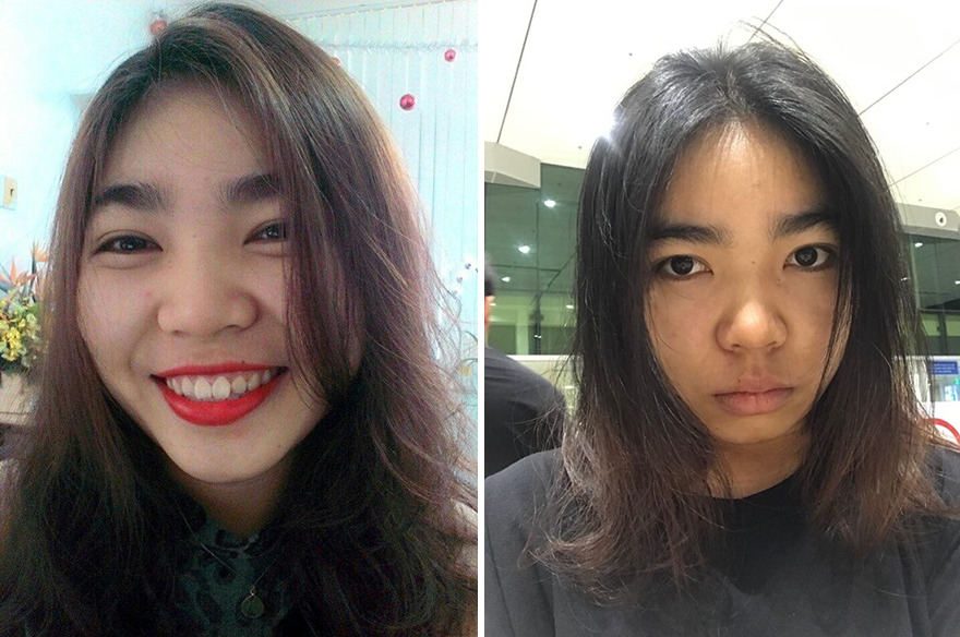 Girl with brown hair taking selfie with (left) and without (right) makeup