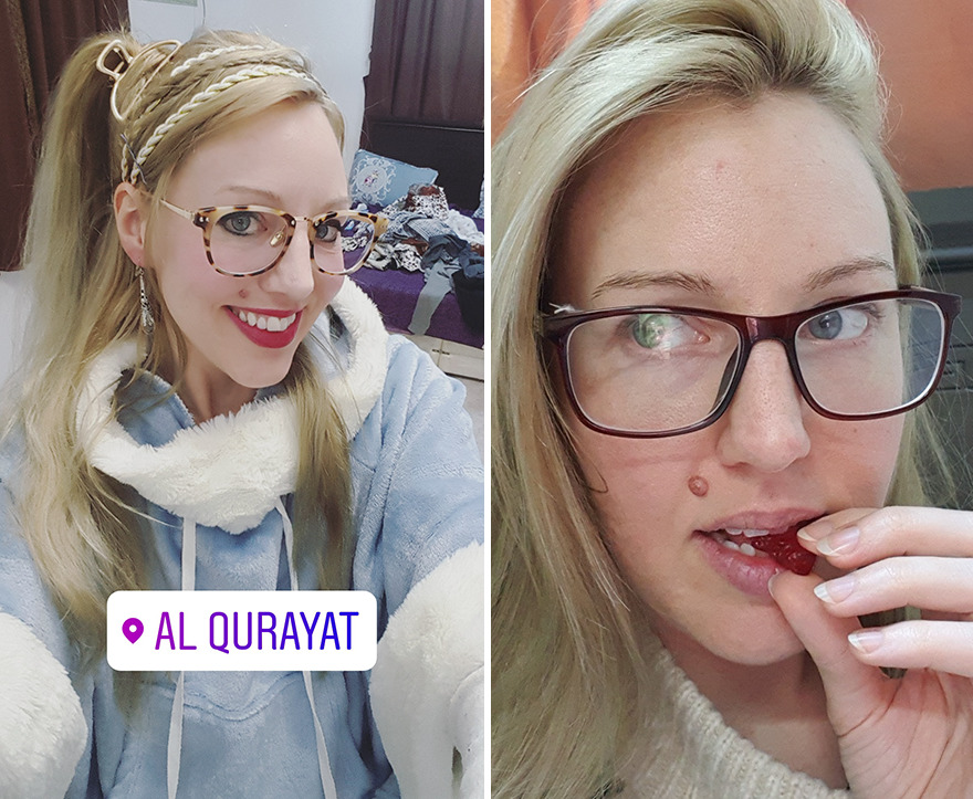 Woman with blond hair taking selfie with (left) and without (right) makeup