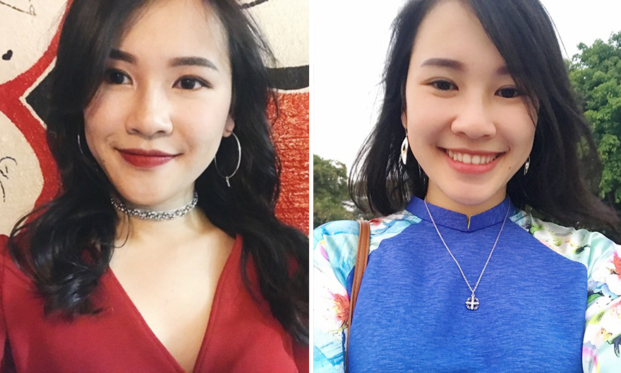 Woman with brown hair taking selfie with (left) and without (right) makeup