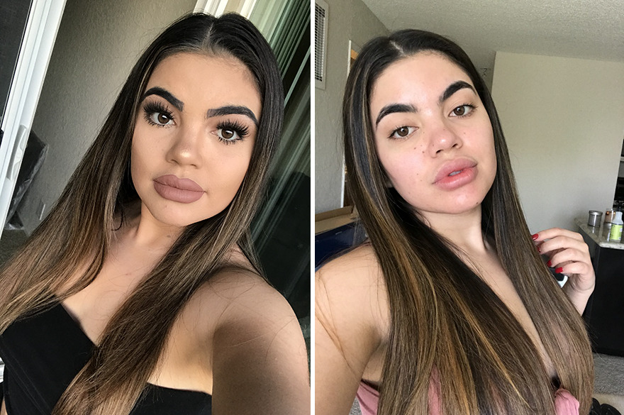 Girl with dark hair taking selfie with (left) and without (right) makeup