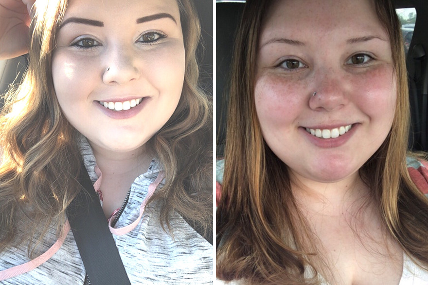 Woman with light brown hair taking selfie with (left) and without (right) makeup