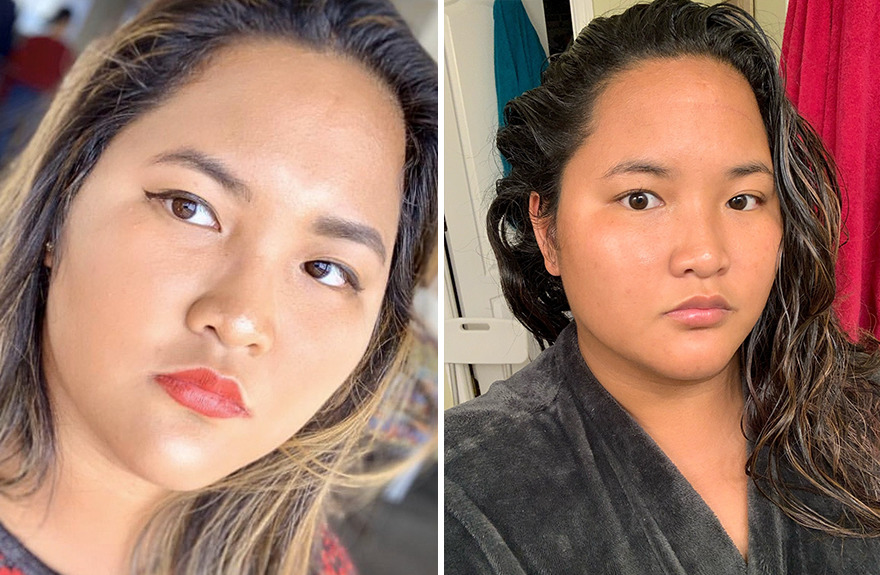 Girl with brown hair taking selfie with (left) and without (right) makeup