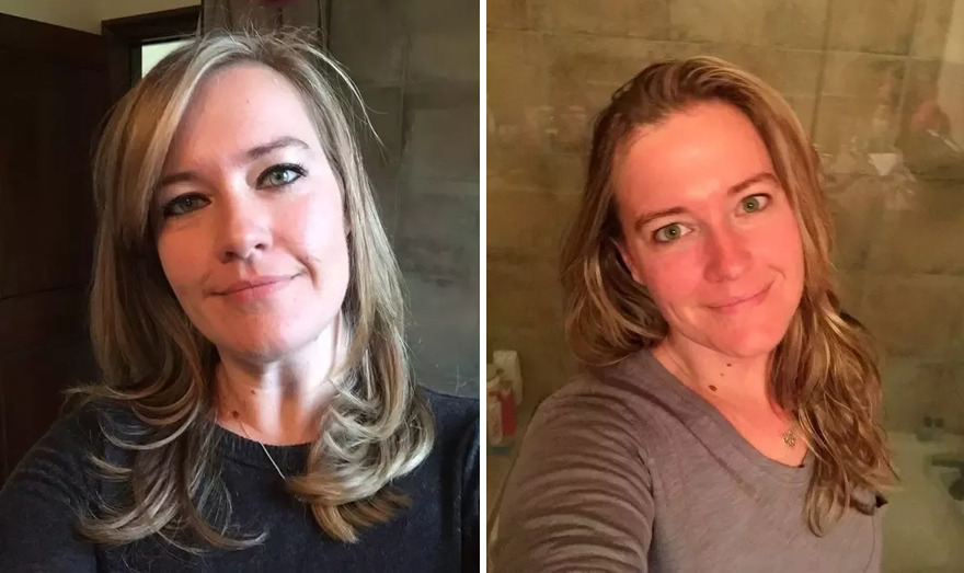 Woman with blond hair taking selfie with (left) and without (right) makeup