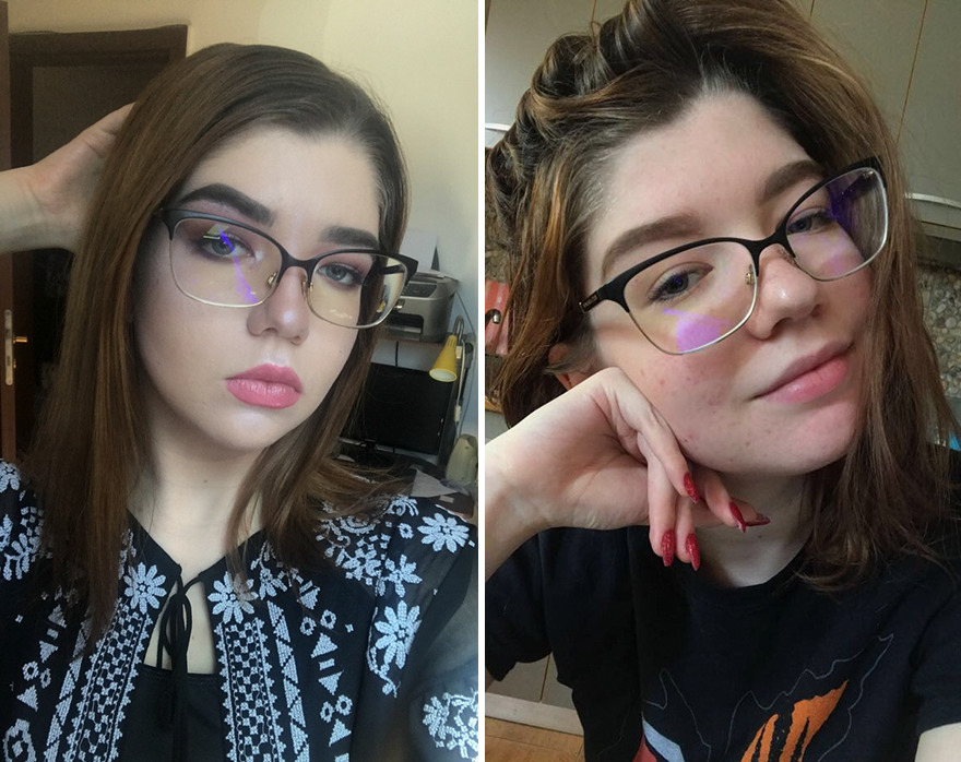 Woman wearing glasses taking selfie with (left) and without (right) makeup