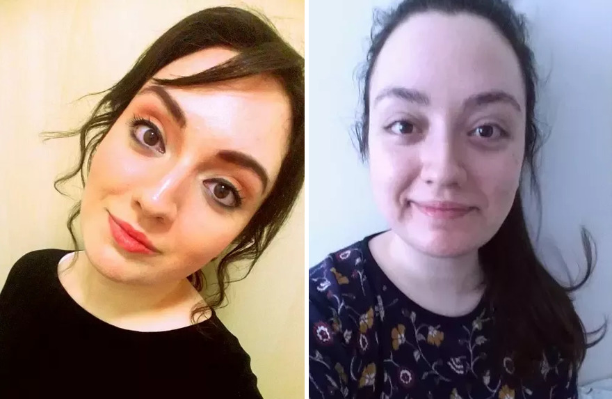 Woman with dark hair taking selfie with (left) and without (right) makeup