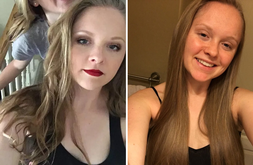 Woman with blond hair taking selfie with (left) and without (right) makeup