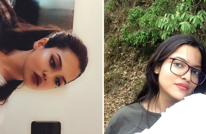 Woman taking selfie with (left) and without (right) makeup