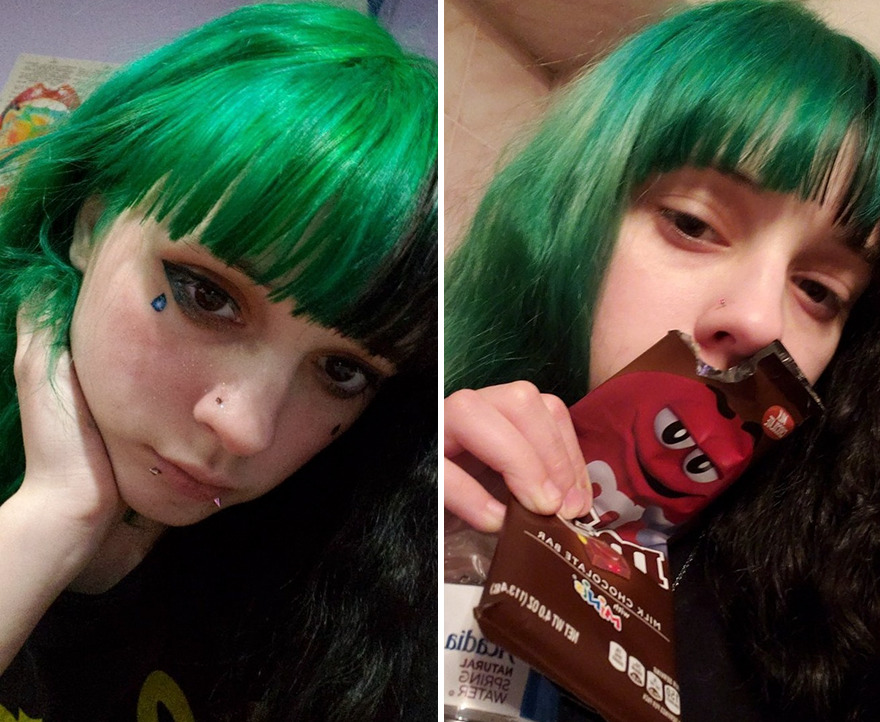 Girl with green hair taking selfie with (left) and without (right) makeup