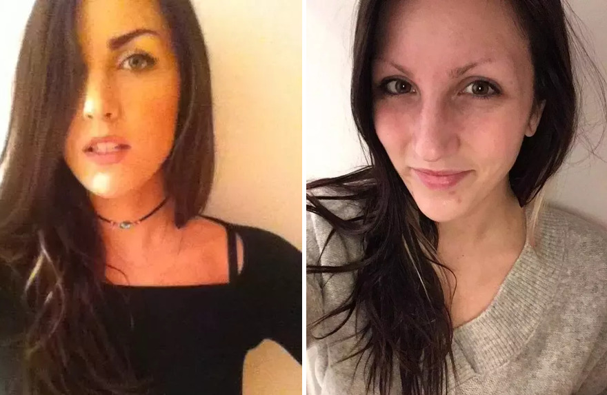 Woman with dark hair taking selfie with (left) and without (right) makeup