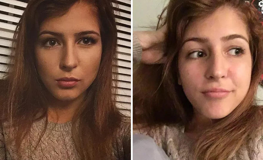 Woman taking selfie with (left) and without (right) makeup