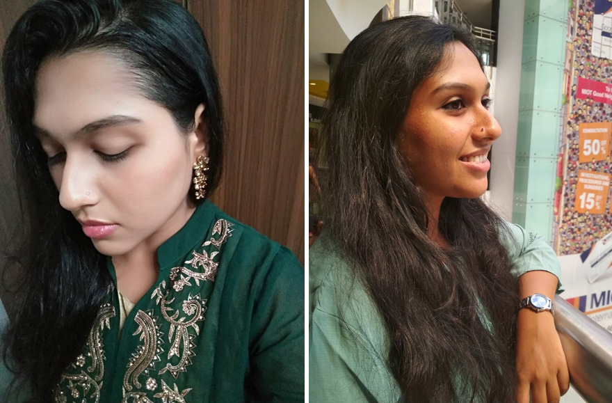 Woman with long hair with (left) and without (right) makeup