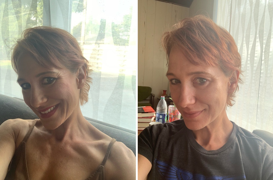 Woman with short hair taking selfie with (left) and without (right) makeup