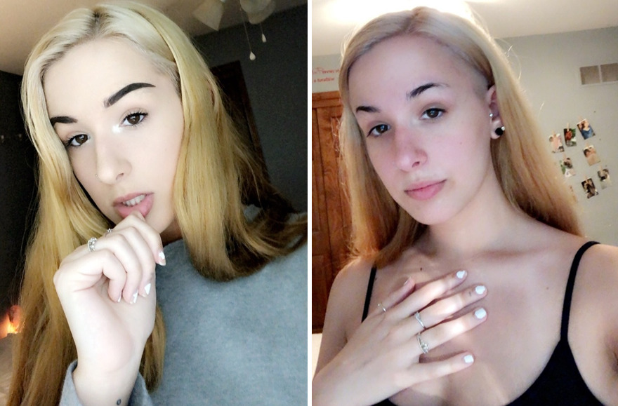 Girl with blond hair taking selfie with (left) and without (right) makeup
