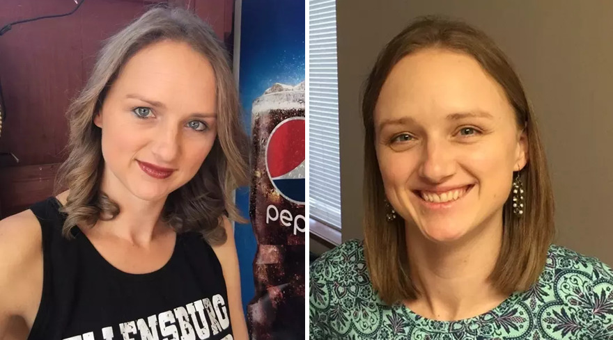 Woman with short hair taking selfie with (left) and without (right) makeup