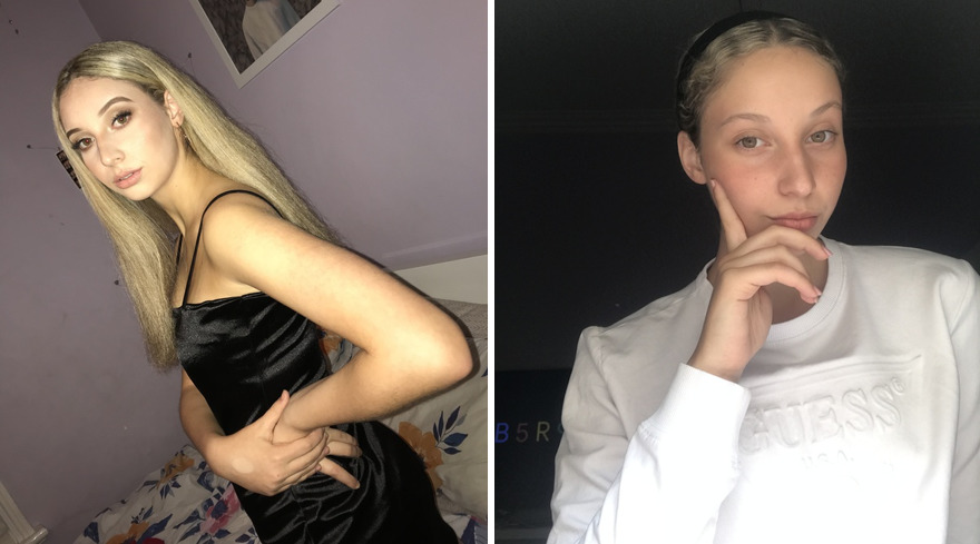 Woman with blond hair with (left) and without (right) makeup