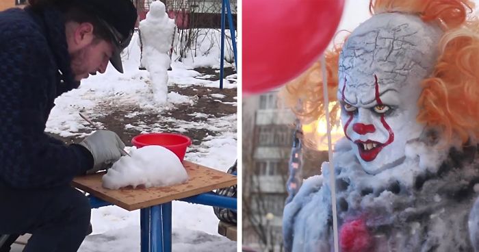 This Artist Decided To Creep People Out By Creating A ‘Pennyswise’ Snowman On A Swingset