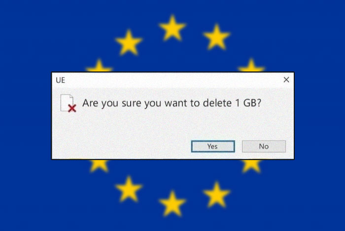 Brexit meme: EU flag background with a popup asking to delete 1 GB, symbolizing Brexit decision.