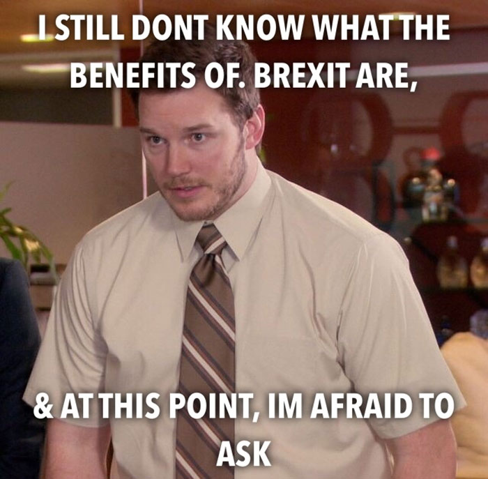 Man in office setting with text about Brexit benefits confusion.