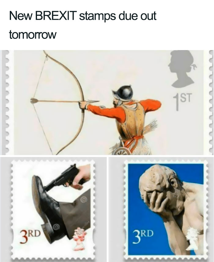 Brexit-themed satirical stamps illustrating an archer, foot shooting, and facepalming statue.