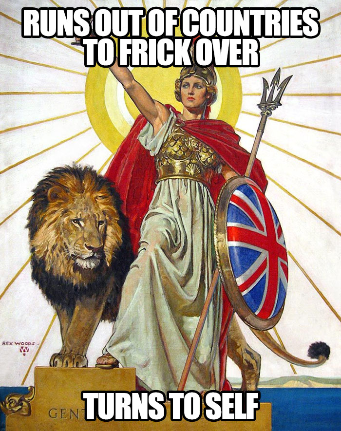 A historical figure with a Union Jack shield, alongside a lion, humorously reflects on Brexit.
