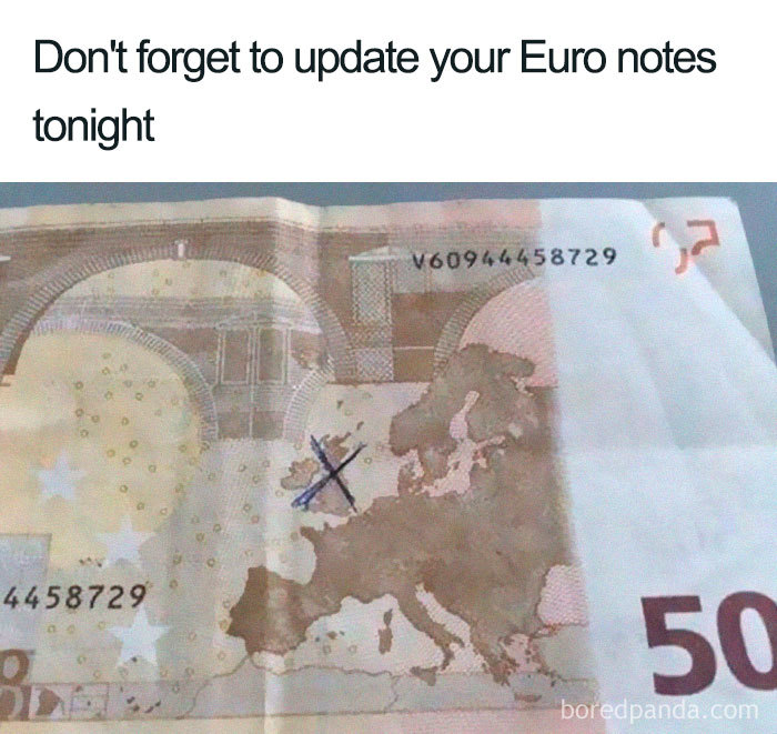 Euro note with the UK crossed out, referencing Brexit humor.