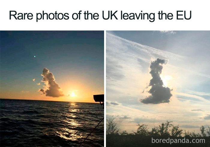 Cloud formations humorously depicting Brexit with the UK leaving the EU at sunset.