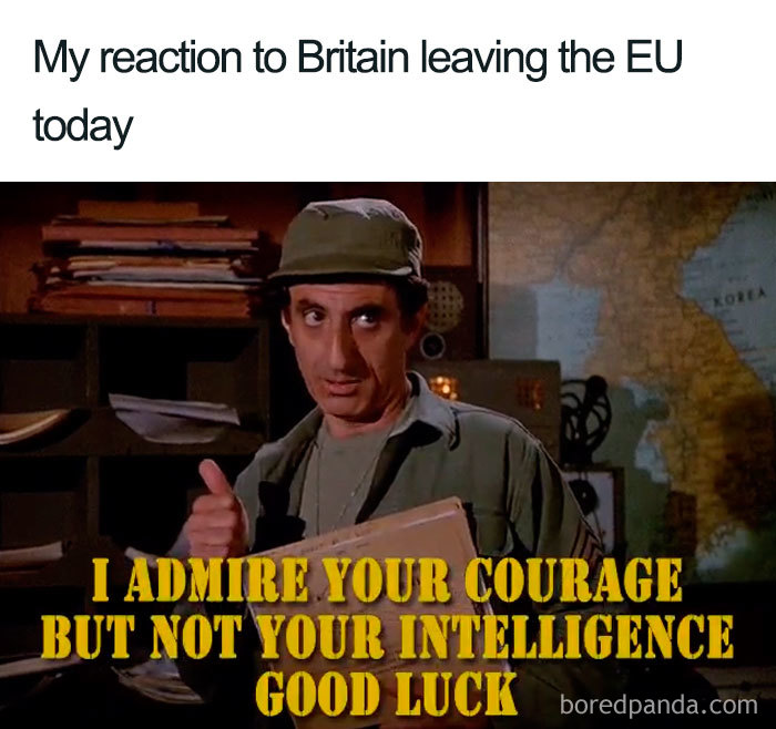 Brexit meme featuring a person giving a thumbs up with a humorous caption about Britain's EU exit.