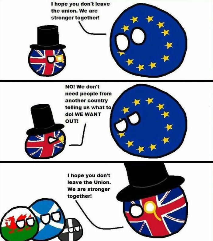 Cartoon with UK and EU ball characters humorously depicting Brexit discussions.