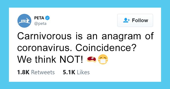 PETA Says Coronavirus Is An Anagram Of Carnivorous, Gets Hilariously Ridiculed