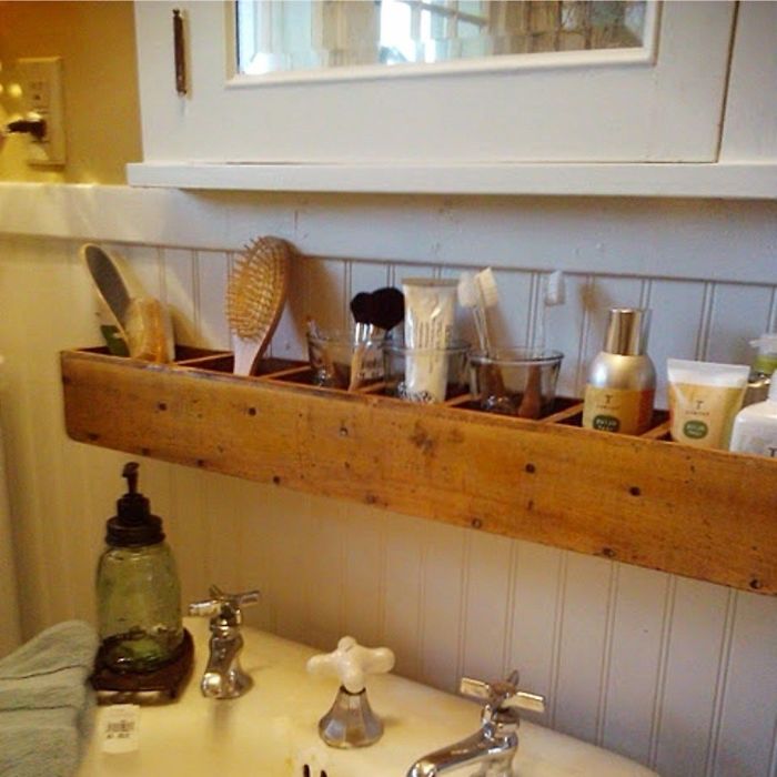 Bathroom With Wooden Shelf Above The Sink Fits Many Items