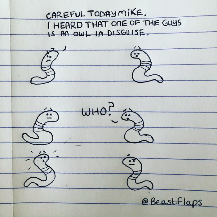 Funny doodles of worms having a humorous conversation, drawn during meetings the artist didn’t need to attend.