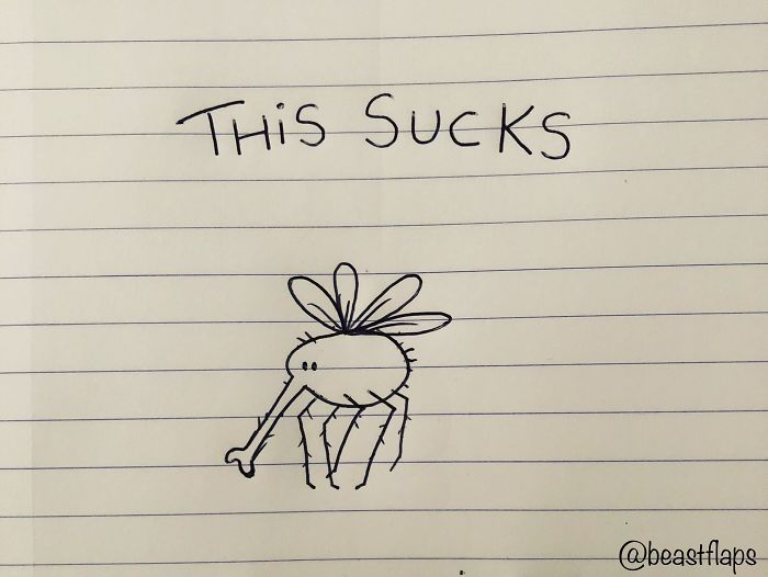 Hand-drawn funny doodle of a mosquito with text expressing boredom during meetings they didn’t need to be at.