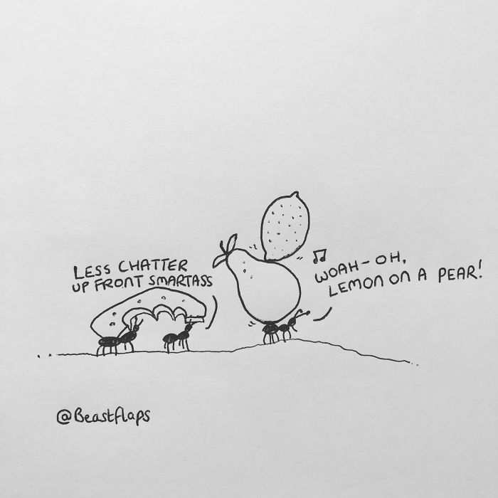 Funny doodle of ants carrying fruit with humorous speech, illustrating creativity during meetings they didn't need to be at.