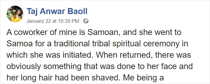 Facebook post about a coworker's tribal ceremony experience, discussing respect for cultural traditions like face tattoos. Facebook post about a coworker's tribal ceremony experience, discussing respect for cultural traditions like face tattoos.