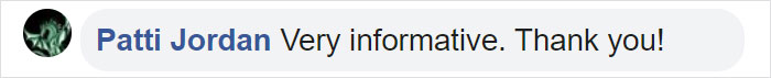 "Comment by Patti Jordan praising an informative post on being respectful about tattoos. "Comment by Patti Jordan praising an informative post on being respectful about tattoos.