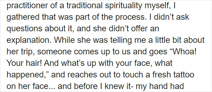 Text discussing reactions to a woman's fresh face tattoo and highlighting the importance of being respectful. Text discussing reactions to a woman's fresh face tattoo and highlighting the importance of being respectful.