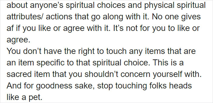 "Text image addressing respect for spiritual choices, emphasizing not touching sacred items or people's heads. "Text image addressing respect for spiritual choices, emphasizing not touching sacred items or people's heads.