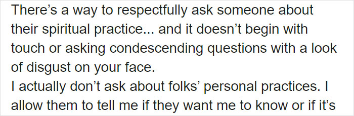 Text on respecting others' spiritual practices and being mindful in conversations.