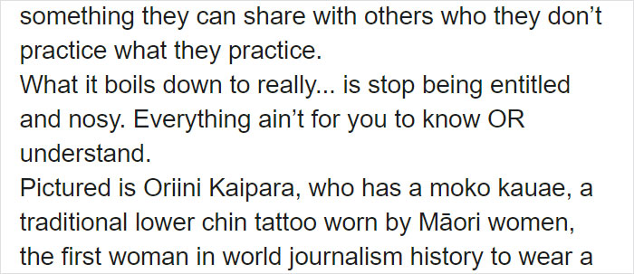 Text about understanding cultural tattoos, highlighting Oriini Kaipara's moko kauae and her role in journalism. Text about understanding cultural tattoos, highlighting Oriini Kaipara's moko kauae and her role in journalism.