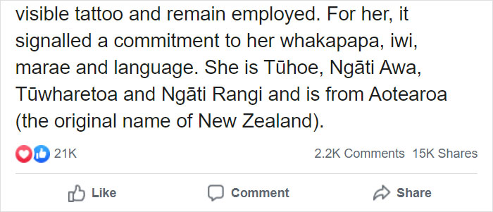 "Text about a woman educating on respect for face tattoos, with engagement stats below: 21K likes, 2.2K comments, 15K shares. "Text about a woman educating on respect for face tattoos, with engagement stats below: 21K likes, 2.2K comments, 15K shares.