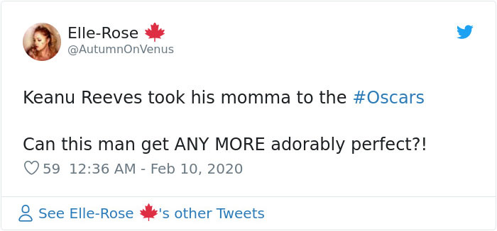 Keanu Reeves Steals The Red Carpet Show At The Oscars By Bringing His Mother As His Date