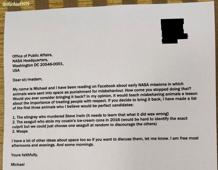 Guy Writes A Humorous Letter To NASA Where He Suggests Sending Misbehaving Animals To Space, NASA Responds