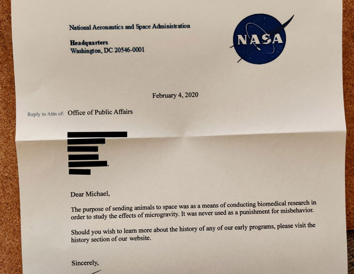 Guy Writes A Humorous Letter To NASA Where He Suggests Sending Misbehaving Animals To Space, NASA Responds Guy Writes A Humorous Letter To NASA Where He Suggests Sending Misbehaving Animals To Space, NASA Responds