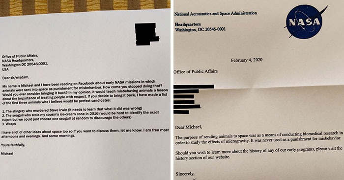 Guy Writes A Humorous Letter To NASA Where He Suggests Sending Misbehaving Animals To Space, NASA Responds