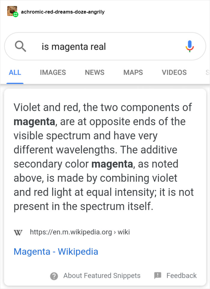 Tumblr Users Freak Out That Magenta Is Not A Real Color And That Impossible Colors Exist Tumblr Users Freak Out That Magenta Is Not A Real Color And That Impossible Colors Exist