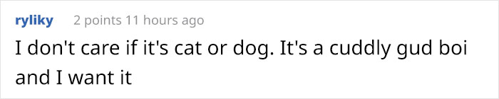 Comment expressing desire for a pet that looks like a dog or cat, described as a "cuddly gud boi. Comment expressing desire for a pet that looks like a dog or cat, described as a "cuddly gud boi.