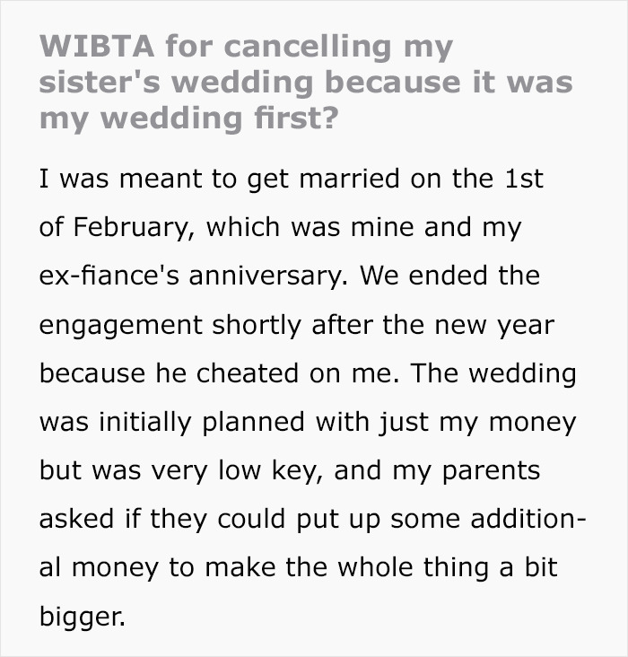 Woman Gets Cheated On 3 Weeks Before Her Wedding, Asks If She's A Jerk For Not Letting Her Sister Get Married Instead Woman Gets Cheated On 3 Weeks Before Her Wedding, Asks If She's A Jerk For Not Letting Her Sister Get Married Instead