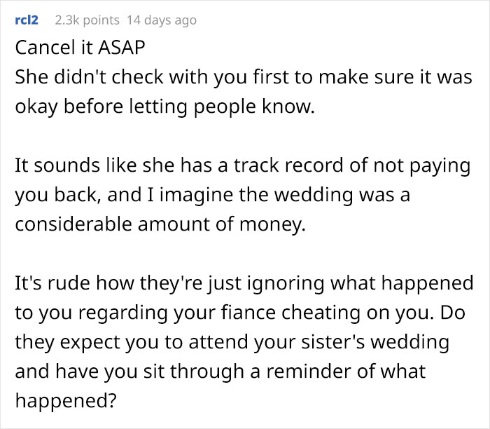 Woman Gets Cheated On 3 Weeks Before Her Wedding, Asks If She's A Jerk For Not Letting Her Sister Get Married Instead Woman Gets Cheated On 3 Weeks Before Her Wedding, Asks If She's A Jerk For Not Letting Her Sister Get Married Instead