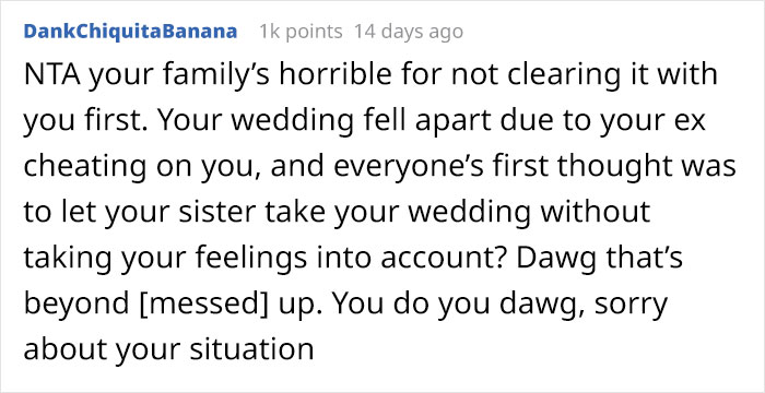 Woman Gets Cheated On 3 Weeks Before Her Wedding, Asks If She's A Jerk For Not Letting Her Sister Get Married Instead Woman Gets Cheated On 3 Weeks Before Her Wedding, Asks If She's A Jerk For Not Letting Her Sister Get Married Instead