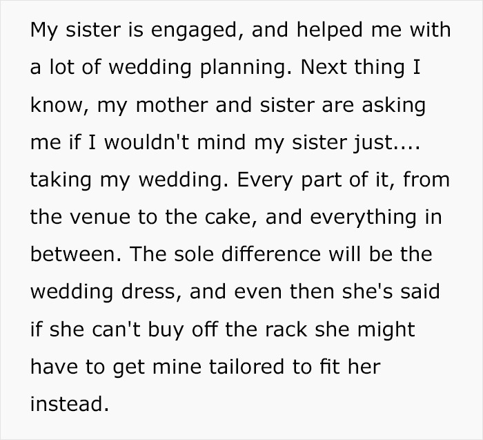 Woman Gets Cheated On 3 Weeks Before Her Wedding, Asks If She's A Jerk For Not Letting Her Sister Get Married Instead Woman Gets Cheated On 3 Weeks Before Her Wedding, Asks If She's A Jerk For Not Letting Her Sister Get Married Instead
